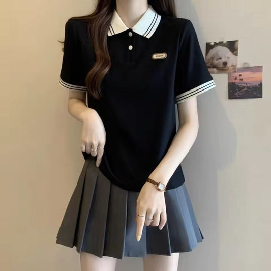 Contrast Color Short Sleeve Female Tee Lapel Button T-shirts Summer Outfit Korean Popular Clothes New Baggy Women's Polo Shirts