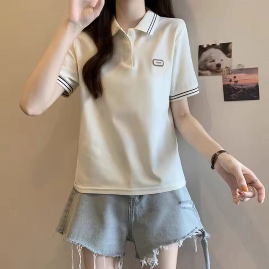 Contrast Color Short Sleeve Female Tee Lapel Button T-shirts Summer Outfit Korean Popular Clothes New Baggy Women's Polo Shirts